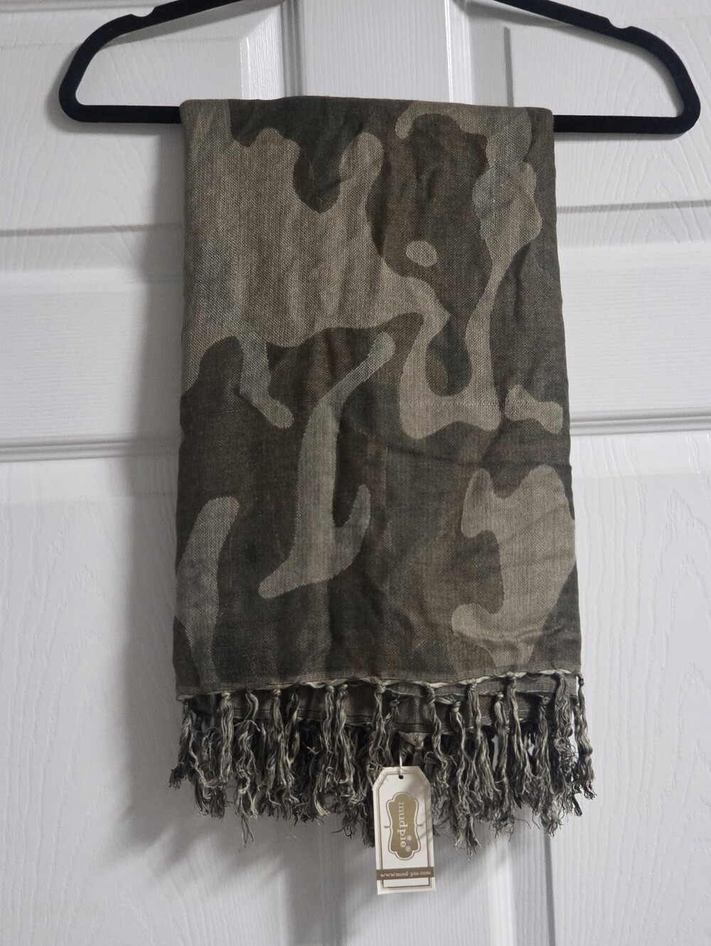 NWT - Mudpie Large Camouflage Fringe Scarf Olive Green 56 X 50